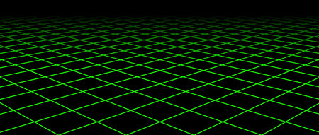 Neon green diagonal wireframe grid. Fading checkered tile floor landscape. Horizontal chessboard plane vanishing in perspective. Flat lattice surface background. Vector illustrationのイラスト素材