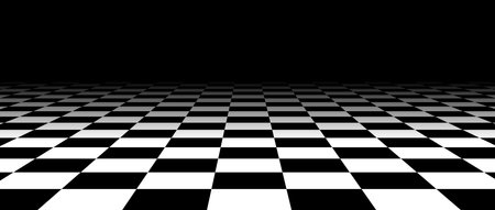 Black and white checkered tile floor fading in perspective. Abstract checkerboard texture landscape. Vanishing horizontal chessboard plane surface. Dark empty room background. Vector illustrationのイラスト素材