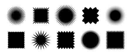 Zig zag edge square and circle shapes collection. Jagged patches set. Black graphic design elements for decoration, banner, poster, template, sticker, badge. Vectorのイラスト素材