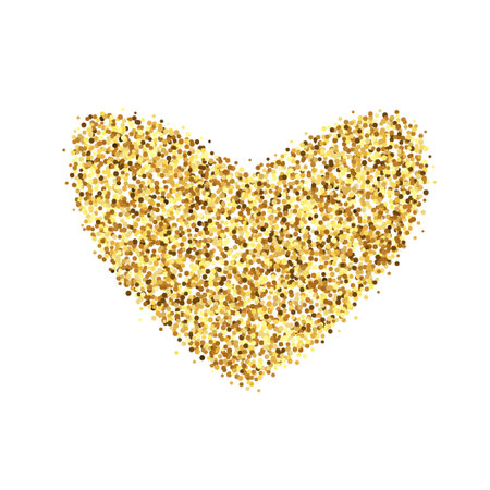 Golden confetti heart shape. Glowing dotted love background. Simple gold dots element. Sparkling halftone valentines decoration. Vector illustrationのイラスト素材