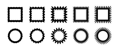 Zig zag edge square and circle frames collection. Jagged geometric border set. Black graphic design elements for decoration, banner, poster, template, sticker, badge, collage. Vector illustrationのイラスト素材