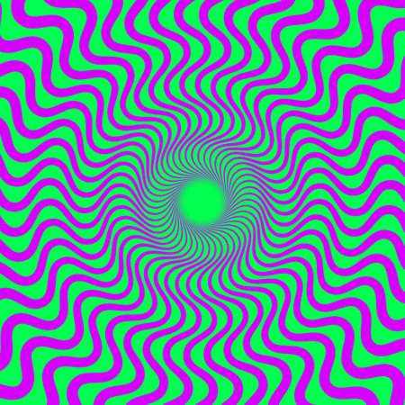 Acid color optical illusion background. Purple and green abstract distorted wavy lines surface. Radial waves poster design. Torsion spiral illusion wallpaper. Vector ornamental illustrationのイラスト素材