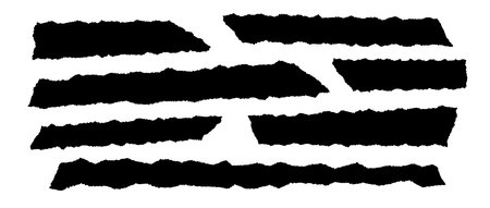 Torn thin and long pieces of paper. Black cutout material strip with jagged edges. Ripped horizontal fragments collection. Textured grunge element bundle for collage, text box, banner, sticker. Vectorのイラスト素材