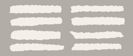Torn thin and long pieces of paper. Cutout material strip with jagged edges. Ripped horizontal fragments collection. Textured grunge element bundle for collage, text box, banner, sticker. Vectorのイラスト素材