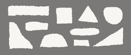 Torn paper set. Beige shapes with jagged edges. Ripped rectangle, square, round, triangle pieces collection. Textured grunge element bundle for collage, text box, banner, sticker, poster. Vectorのイラスト素材