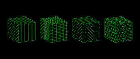 Neon green wireframe cubes collection. 3d outline shapes with different grid patterns. Geometric...