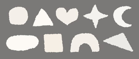 Torn paper set. Geometric shapes with jagged edges. Ripped square, round, triangle, star, heart, arc pieces collection. Textured grunge bundle for collage, text box, banner, sticker, poster. Vectorのイラスト素材