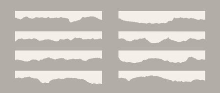 Torn thin long pieces of paper. Beige material strip with jagged and even edges. Ripped horizontal fragment collection. Textured grunge element bundle for collage, text box, banner, sticker. Vectorのイラスト素材