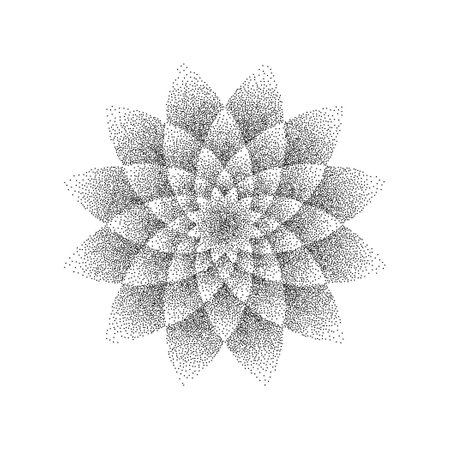 Stipple flower background. Dotted ornament mandala. Noise grain star shape. Abstract black floral petals decoration. Dotwork radial pattern design for tattoo, poster, clothes, badge, sticker. Vectorのイラスト素材