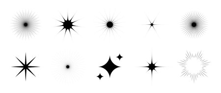 Various stars and twinkles set. Retro blink collection. Abstract black starburst shine effect pack. Design element template for poster, banner, logo, card, icon, label, collage, tag. Vector bundleのイラスト素材