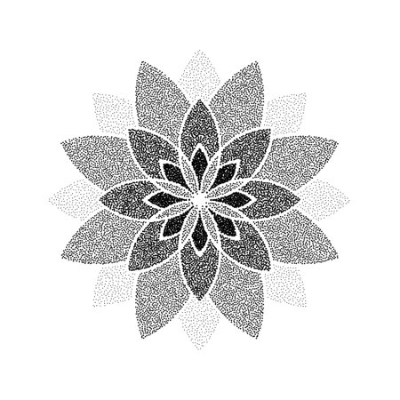 Stipple flower background. Dotted ornament mandala. Noise grain star shape. Abstract black floral petals decoration. Dotwork radial pattern design for tattoo, poster, clothes, badge, sticker. Vectorのイラスト素材