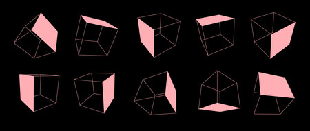Pink wireframe cube collection. Outline cubic shapes in different angle, perspective and position. Geometric square elements for design template, icon, logo. Abstract boxes vector illustrationのイラスト素材