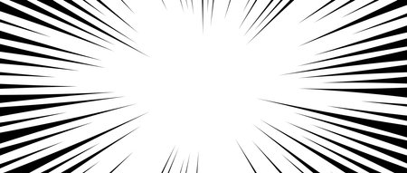 Radial speed lines background. Comic book explosion lines wallpaper. Abstract black and white flash frame design. Manga or anime cartoon light ray or beam burst. Vector blast or bang effectのイラスト素材