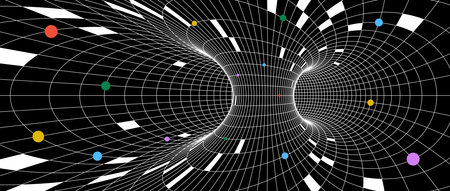 Abstract tunnel wireframe structure. Colorful geometric universe or space grid wallpaper. Futuristic energy lines on dark background. Funnel or vortex texture for banner or poster. Vector conceptのイラスト素材
