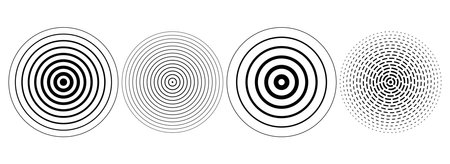 Black concentric ripple circles set. Dotted sonar or sound wave rings collection. Epicentre, target, radar icon concept. Radial signal or vibration elements. Halftone vectorのイラスト素材