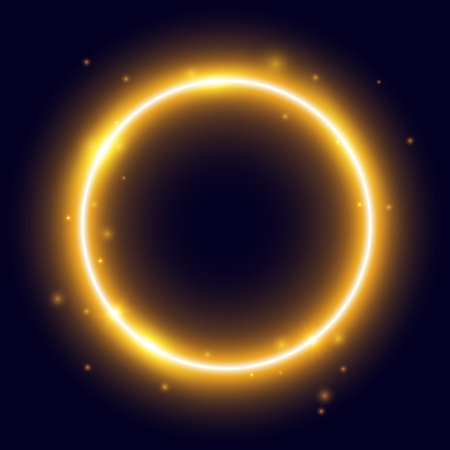 Yellow glowing circle frame with sparks. Warm orange electric lights round form. Illuminated shining design element for banner, poster, cover. Circular radial flare with sparkles. Vector illustrationのイラスト素材