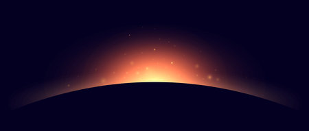 Planet eclipse concept. Red yellow solar light glare effect. Abstract glowing sunrise in dark space. Earth horizon halo illustration. Vector design for poster, banner, cover, brochure, booklet.のイラスト素材