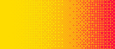 Pixelated bitmap gradient texture. Yellow and orange dither pattern background. Abstract glitchy pattern. 8 bit video game screen wallpaper. Wide pixel art retro illustration. Vector backdropのイラスト素材