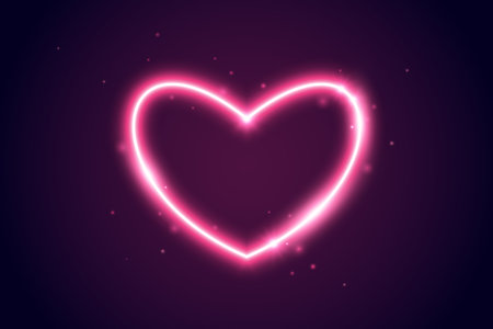Neon glow heart frame. Illuminated pink heart-shaped shape with sparks. Neon color lighting design element for banner, poster, collage, template. Shining sign with sparkles. Vector illustrationのイラスト素材