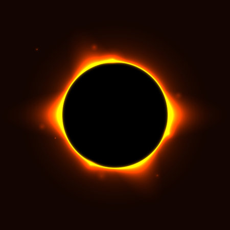 Sun full eclipse concept. Red yellow solar glow background. Moon or planet total eclipse in dark space. Hot star surface flare with rays and beams effects. Vector illustrationのイラスト素材
