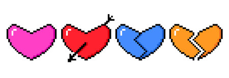 Pixel hearts set. 8 bit video game style heart collection. Heart with arrow and broken concept for Valentine day. Romantic pixel art illustration for banner, poster, collage, leaflet, brochure. Vectorのイラスト素材