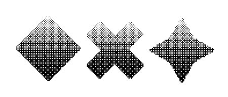 Geometric shapes bitmap set. Dither gradient forms collection. Square, cross, star elements design elements for poster, banner, collage, booklet, brochure. Abstract pixelated shapes pack. Vectorのイラスト素材