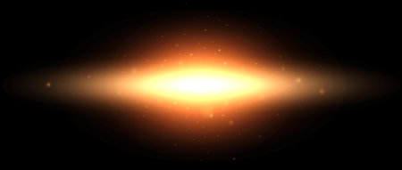 Planet shine effect. Orange yellow solar light glare concept. Abstract glowing element in dark space. Sun with sparks illustration. Vector design shape for poster, banner, cover, brochure, bookletのイラスト素材