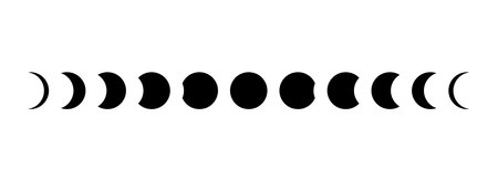 Full moon eclipse concept illustration. Set of moon phases or stages. Total sun eclipse and lunar cycle. Black and white vector elements collection for poster, banner, collage, brochure, coverのイラスト素材