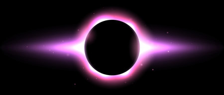 Iridescent round aura eclipse. Pink purple planet glow background. Sun or moon total eclipse in dark space. Star aurora flare with sparks and sparkles effects. Vector illustrationのイラスト素材