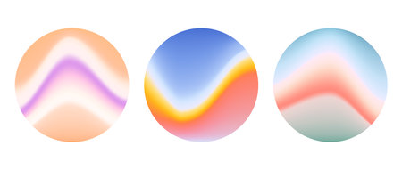Holographic round wavy gradient background set. Blurred liquid waves wallpaper collection. Colorful iridescent abstract backdrops in circles. Vector sphere templates for banner, flyer, cover, posterのイラスト素材