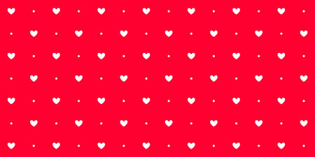 Hearts and dots seamless pattern. Red Valentines polka dot repeat background. Heart-shaped decorative texture for textile, fabric, poster, banner, print, card, invitation. Vector scarlet wallpaperのイラスト素材
