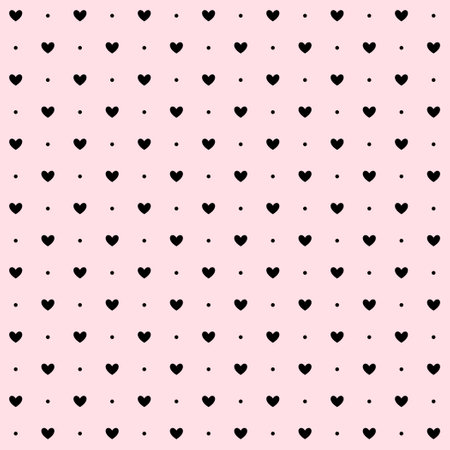 Pink black hearts and dots seamless pattern. Valentines polka dot repeating background. Heart-shaped decorative texture for textile, fabric, cover, poster, banner, print, invitation. Vector wallpaperのイラスト素材