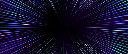 Radial neon light trails. Blue purple and green glowing rays wallpaper. Manga anime speed effect background with sparks, sparkles and stars. Explosion concept backdrop. Vector illustrationのイラスト素材