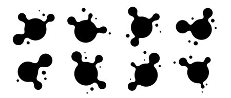 Abstract connected sphere collection. Black liquid metaball set. Amoeba blotches, drops or blobs pack. Morphing design elements for label, sticker, banner, collage, poster. Vector bundleのイラスト素材