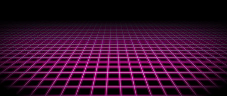 Glowing pink neon wireframe horizon background. Magenta grid room floor in perspective. Bright retro...