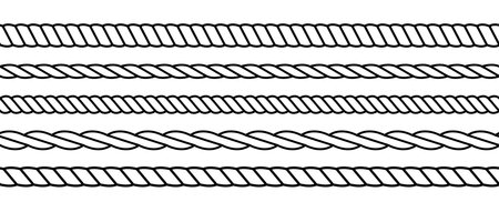 Repeating rope set. Seamless hemp cord line collection. Outline chain, braid, plait stripe bundle. Horizontal decorative plait pattern. Vector marine twine design elements for banner, poster, frameのイラスト素材