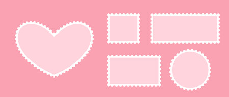 Valentines postage stamp set. Pink post stamp frame and border. Heart, square and circle shapes for mail, postcard, letter. Vintage Jagged wavy edge forms for poster, banner, badge, sticker. Vectorのイラスト素材
