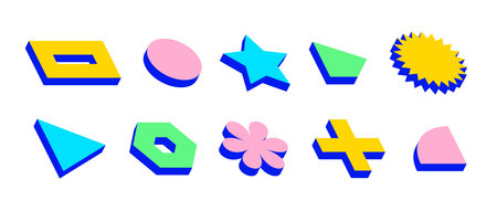 Bright isometric shape set. Volumetric geometric object collection. Retro 3d brutalist form pack....