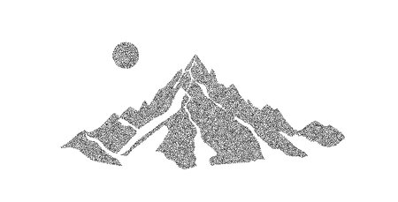 Grain stippled mountain range. Dotted landscape terrain silhouette. Black white grainy hill chain. Grunge landscape background. Textured mount view wallpaper. Vector noise dot work style illustrationのイラスト素材