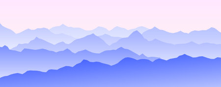 Mountain range silhouette on sunset or sunrise. Morning panoramic landscape view. Mountain ridges and hills background. Blue and pink mount peaks with mist and fog. Vector illustrationのイラスト素材