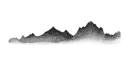 Stippled grain mountain range. Dotted terrain landscape silhouette. Black grainy hill chain. Grunge noise mountain peaks illustration. Dot work texture wallpaper. Vector scenery ridge backgroundのイラスト素材