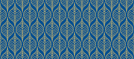 Retro art deco blue gold seamless pattern. Repeated golden leaf floral motif on navy background. Vintage decorative texture for wallpaper, textile, fabric, print swatch. Vector ornament backdropのイラスト素材
