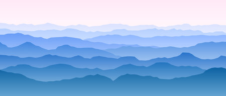 Mountain range silhouettes in morning. Panoramic landscape view. Mountain ridges and hills background. Blue pink mount peaks with mist and fog. Vector sunset or sunrise scenery terrain illustrationのイラスト素材