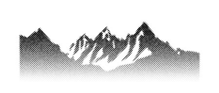 Black halftone mountain range. Grunge texture landscape terrain silhouette. Fading grainy hills chain wallpaper. Grungy dotted mountain peaks background. Vector scenery rock terrain illustrationのイラスト素材