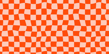Seamless red checkerboard pattern. Repeating distorted checkered texture. Groovy trippy abstract background. Vintage retro style wallpaper for textile, fabric, wrapping paper. Vector check surfaceのイラスト素材
