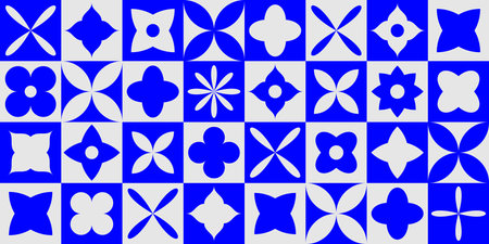 Seamless abstract flower shape pattern. Bold Swiss mosaic block forms in repeating background. Blue and grey graphic design floral elements for poster, cover, presentation, print, banner. Vectorのイラスト素材
