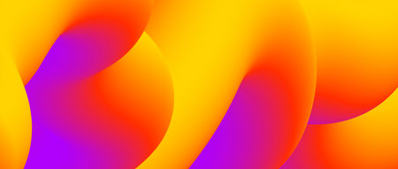 Abstract yellow orange purple fluid gradient background. Wavy curved flow poster wallpaper. Liquid wave backdrop. Bright colorful template for presentation, banner, flyer, booklet. Vector illustrationのイラスト素材