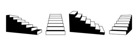 Set of stairways in different perspective. Linear simplified 3d staircase collection. Black and white stair steps collection. Graphic design element pack concept for success, growth, promotion. Vectorのイラスト素材