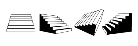 Simplified 3d stairways set. Linear staircase in different perspective. Black and white stair steps collection. Graphic design element pack concept for success, growth, promotion, progress. Vectorのイラスト素材