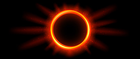 Red orange glowing portal concept. Neon hologram teleport gate on black background. Circle digital aura with beams and sparkles. Round hot flare template for game, ui, interface. Vector illustrationのイラスト素材
